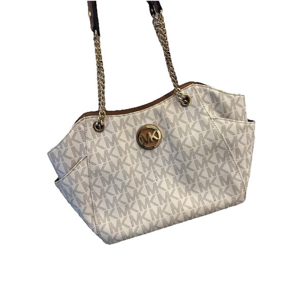 Michael Kors Authentic Signature MK Tote Shoulder Bag Chain Strap Brown/Gold - Picture 5 of 11